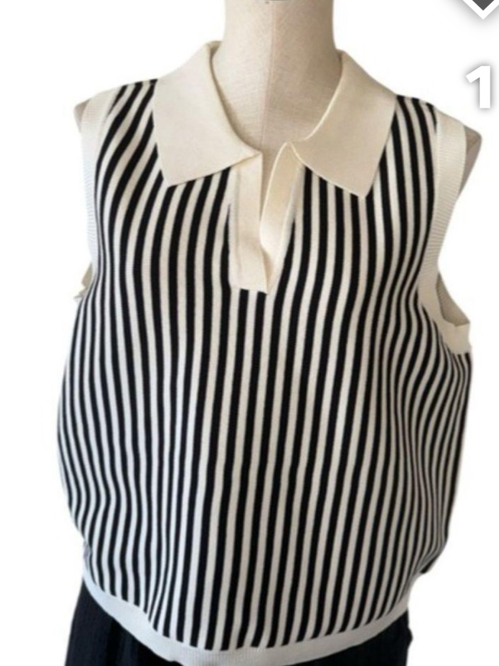 DKNY Black & Cream Vertical Stripe Sleeveless Polo Tank